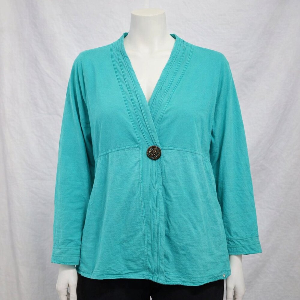 Neon Buddha Jacket XL Blazer Top Turquoise Button Cardigan Artsy BOHO Lagenlook